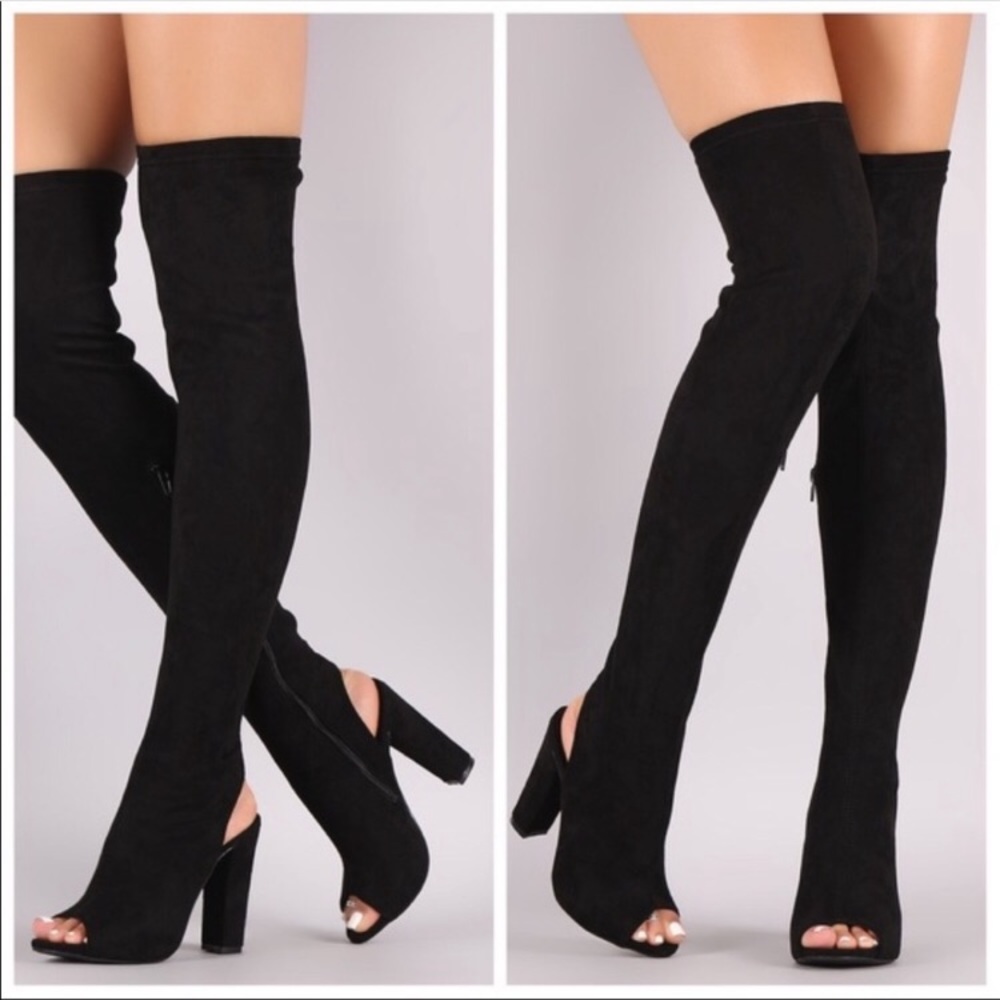 Black Faux Suede Thigh High Open Toe Boot Heels